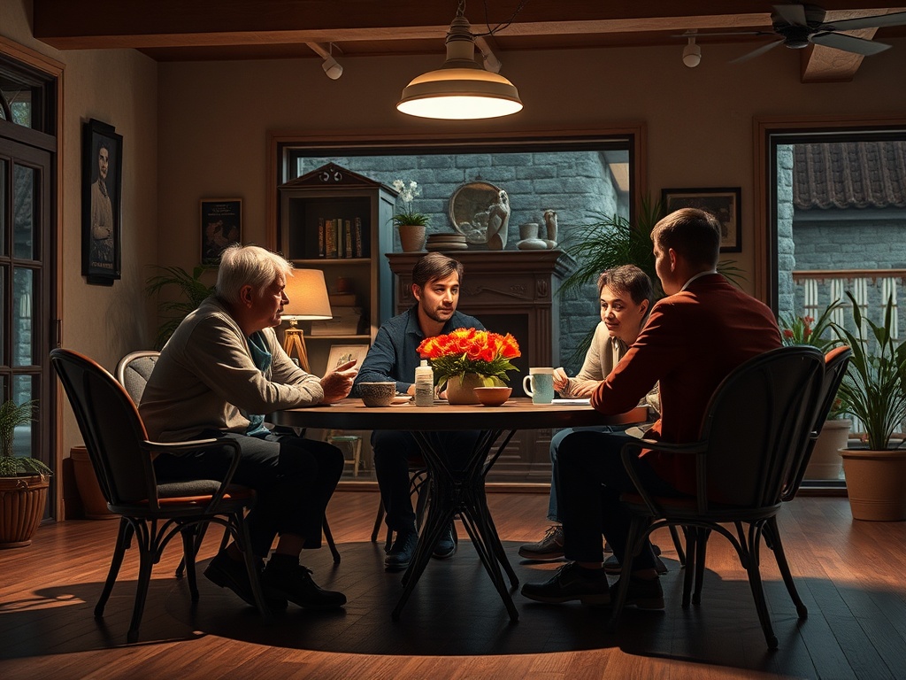 Группа людей обсуждает что-то за столом в уютной обстановке. На столе цветы и чашки с напитками.